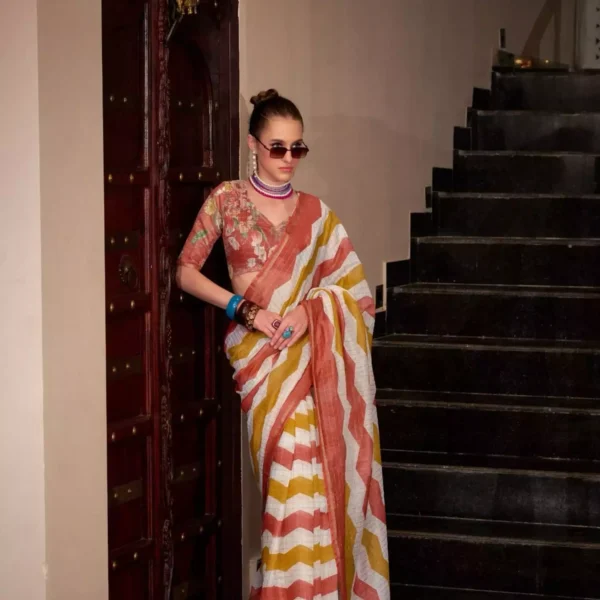 Rust, Mustard & White Zig-Zag Saree