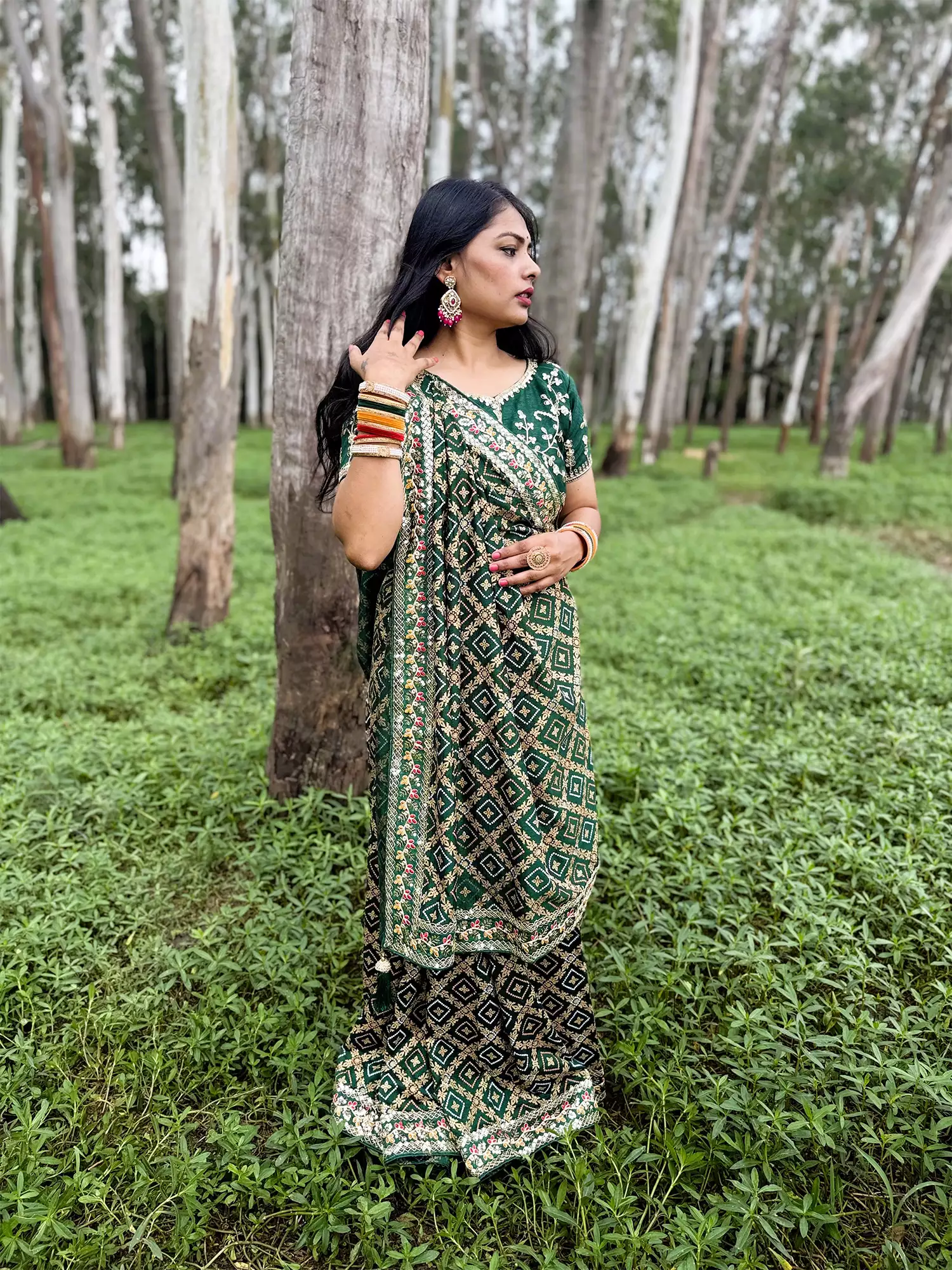 2 Green Printed Designer Saree - Image 1