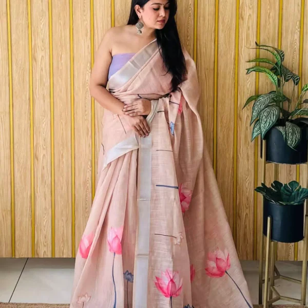Soft Peach Saree with Hand-Painted Lotus Motifs