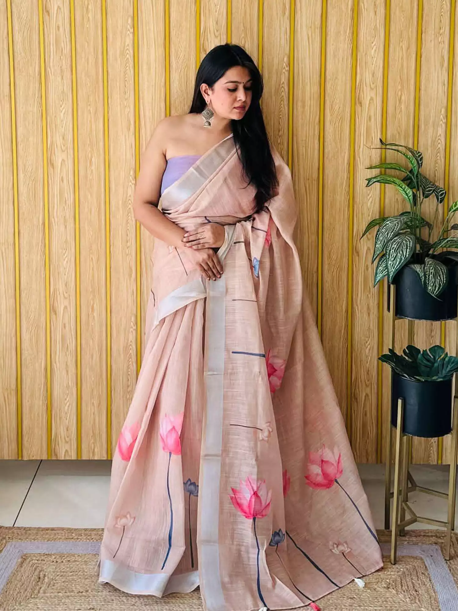 5 (2) Soft Peach Saree with Hand-Painted Lotus Motifs - Image 1