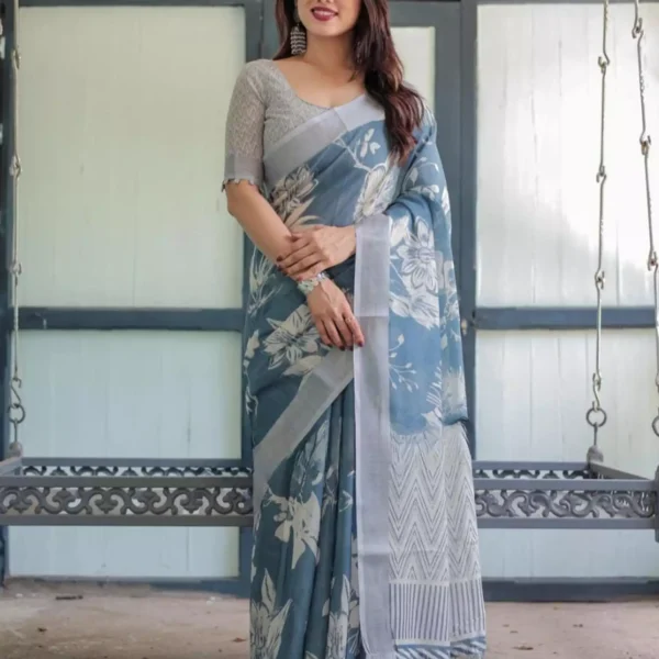Dusty Blue Linen-Look Floral Saree