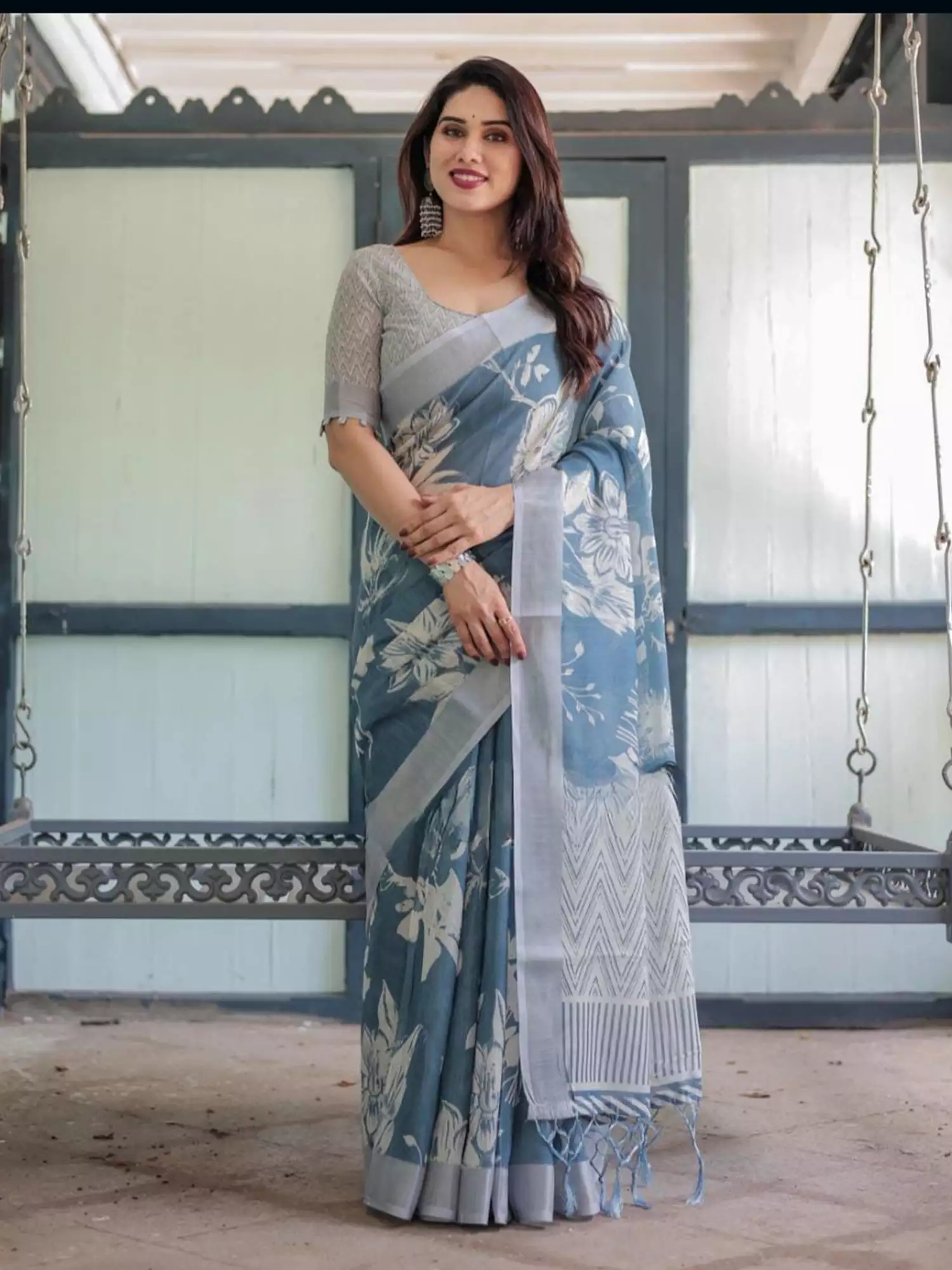 6 Dusty Blue Linen-Look Floral Saree - Image 1