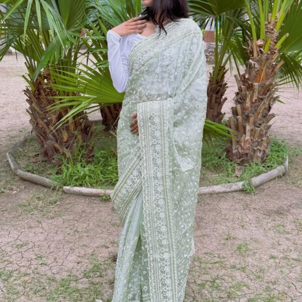 Mint Elegance: Embroidered Grace Saree