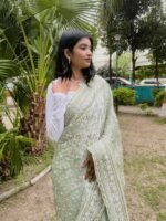Mint Elegance: Embroidered Grace Saree - Image 3